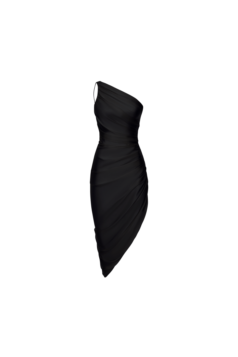 Rasario Draped Assymetric Satin Midi Dress