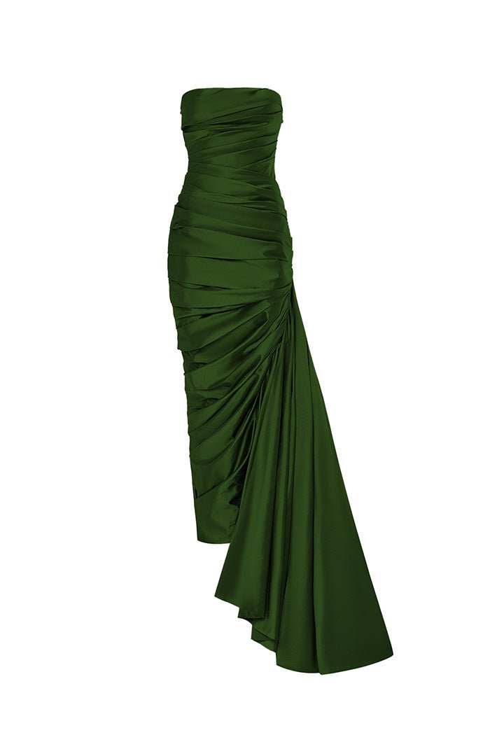 Rasario Draped Corset Silk Gown With A Side Train