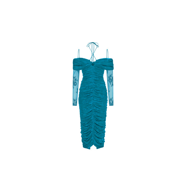 Rasario Draped Off-The-Shoulder Lace Midi Dress