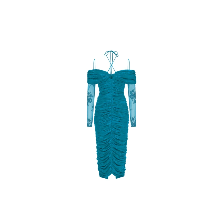 Rasario Draped Off-The-Shoulder Lace Midi Dress