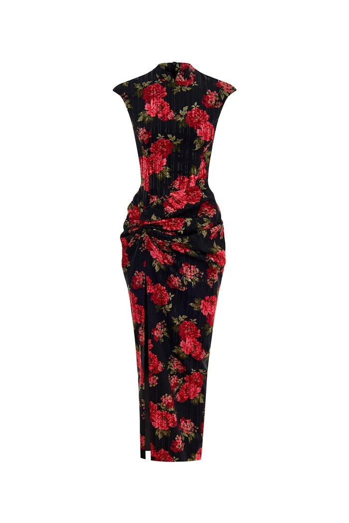 Rasario-Draped-Printed-Chiffon-Long-Midi-Dress Rasario Draped Printed Chiffon Long Midi Dress