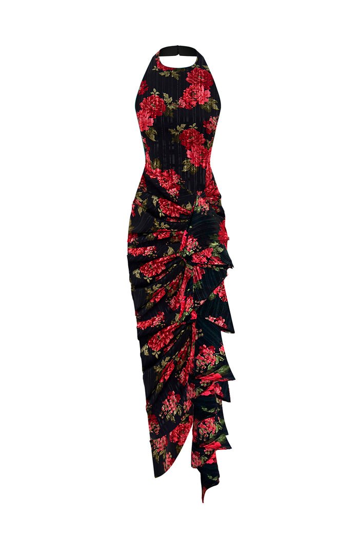 Rasario Draped Printed Chiffon Midi Dress