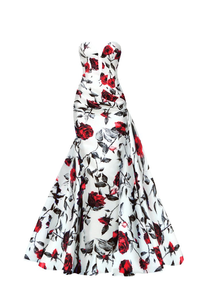 Rasario Draped Printed Satin Gown With A Side Train