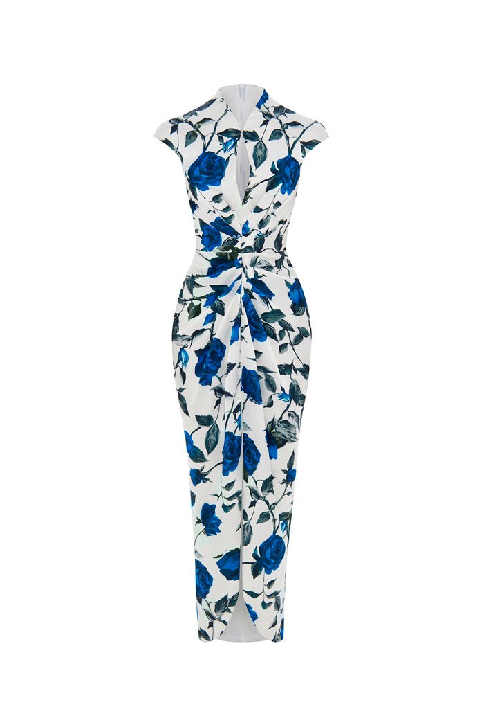 Rasario Draped Printed Satin Long Midi Dress