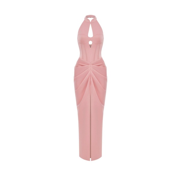 Rasario Draped Satin Long Midi Dress With Cutout