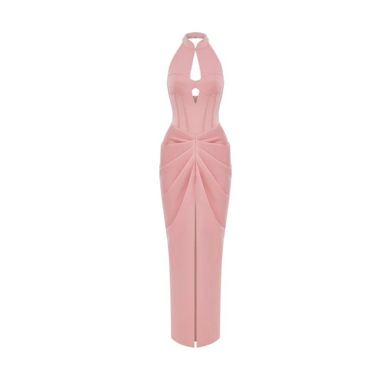 Rasario Draped Satin Long Midi Dress With Cutout