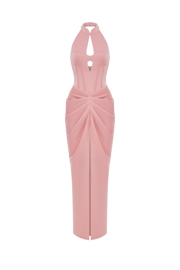 Rasario Draped Satin Long Midi Dress With Cutout
