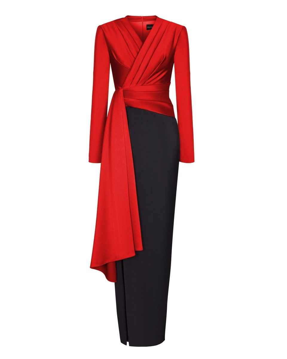 Rasario Draped Satin Maxi Dress With Voluminous Shoulders