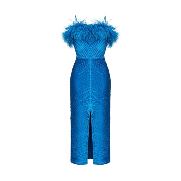 Rasario Draped Satin Midi Dress With Fringes