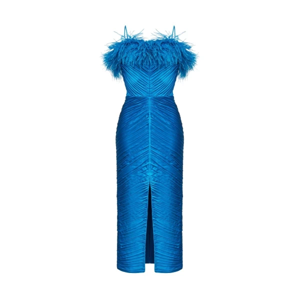Rasario Draped Satin Midi Dress With Fringes