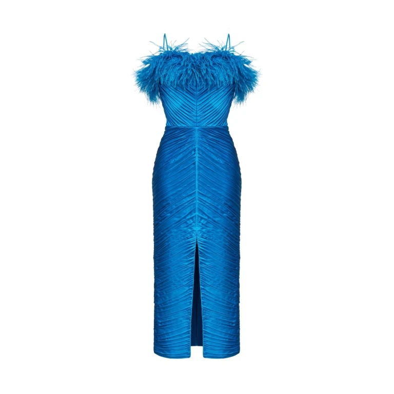 Rasario Draped Satin Midi Dress With Fringes