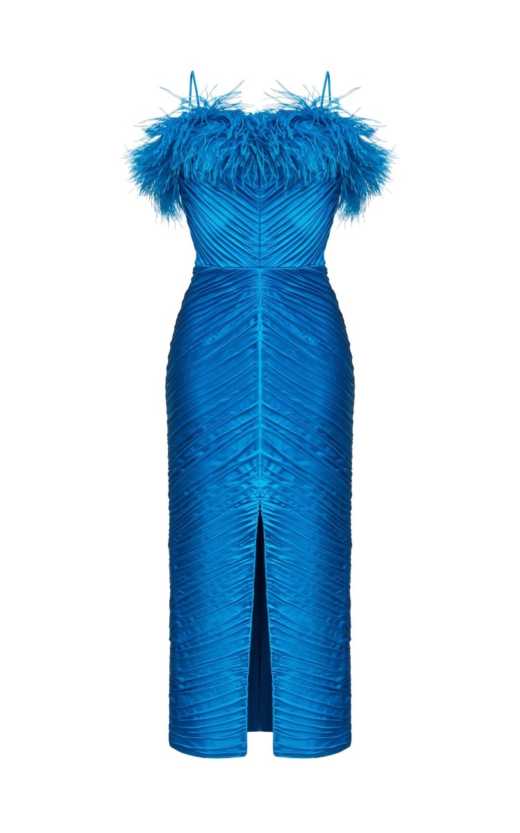 Rasario Draped Satin Midi Dress With Fringes