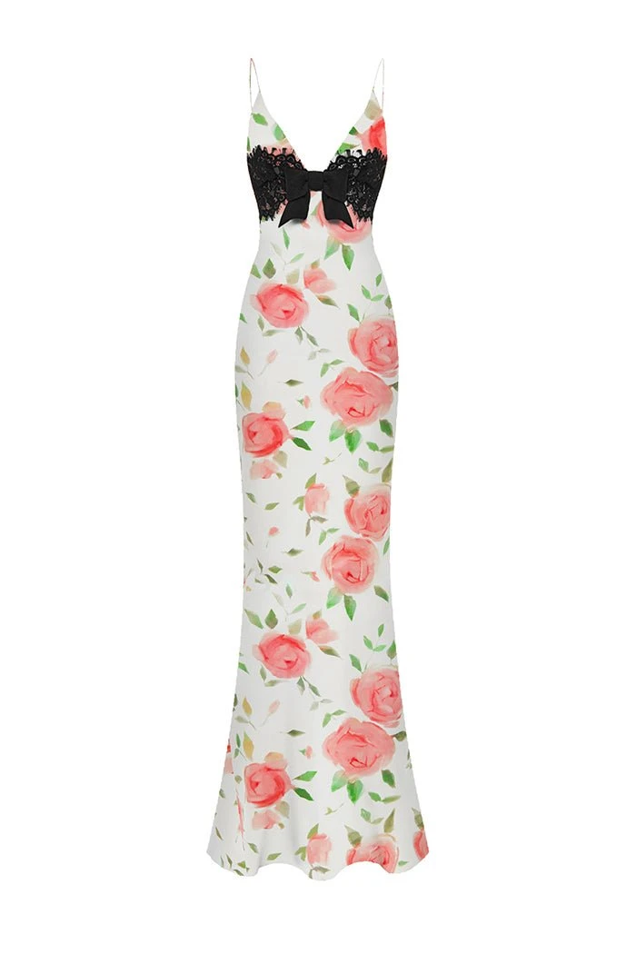 Rasario-Floral-Printed-Satin-And-Lace-Maxi-Dress-With-A-Bow Rasario Floral Printed Satin And Lace Maxi Dress With A Bow