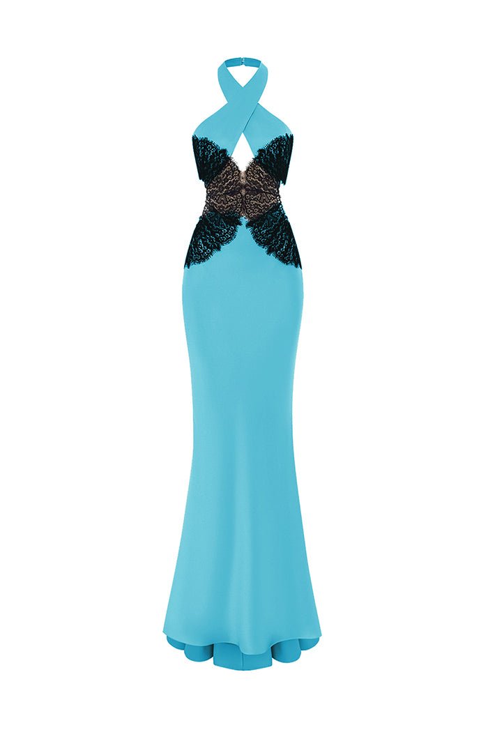 Rasario Halterneck Satin And Lace Maxi Dress With Cutouts
