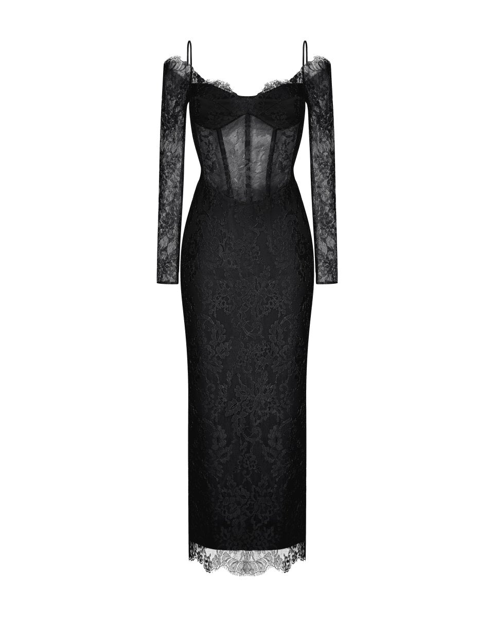 Rasario Off-The Shoulder Lace And Satin Corset Midi Dress