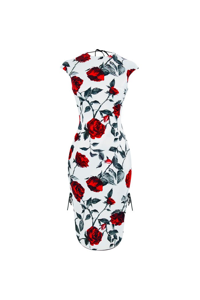 Rasario Printed Satin Long Midi Dress With An Opened Back