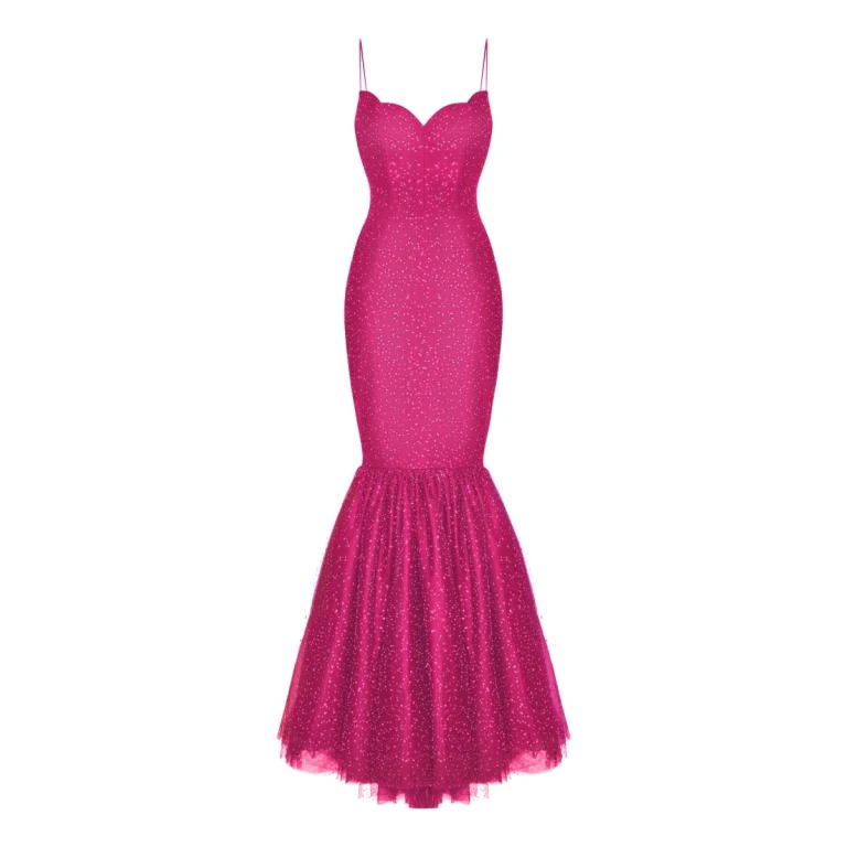Rasario Rhinestone Tulle Maxi Dress With Train