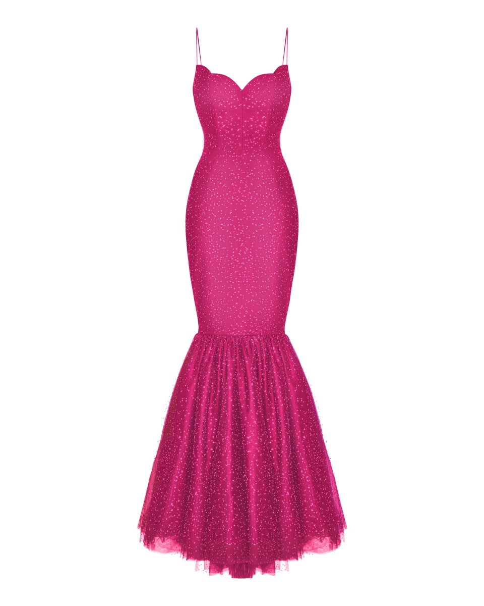Rasario Rhinestone Tulle Maxi Dress With Train