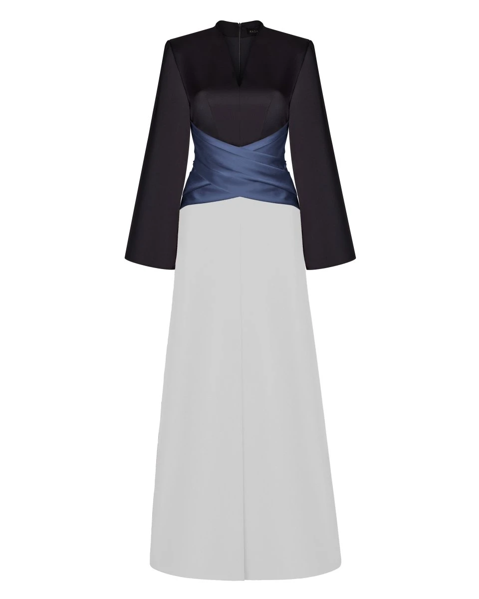 Rasario-Satin-And-Crepe-Front-Slit-Maxi-Dress-With-Draped-Belt Rasario Satin And Crepe Front-Slit Maxi Dress With Draped Belt