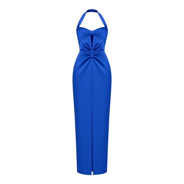 Rasario Satin Draped Long Midi Dress With A Cutout
