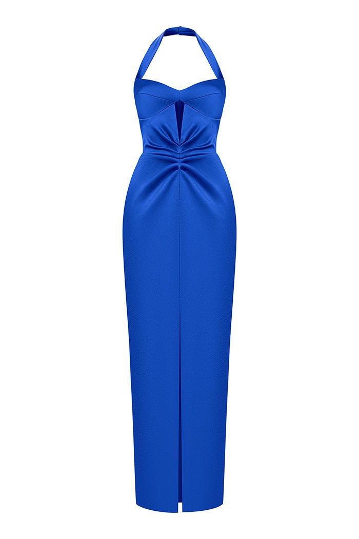 Rasario Satin Draped Long Midi Dress With A Cutout