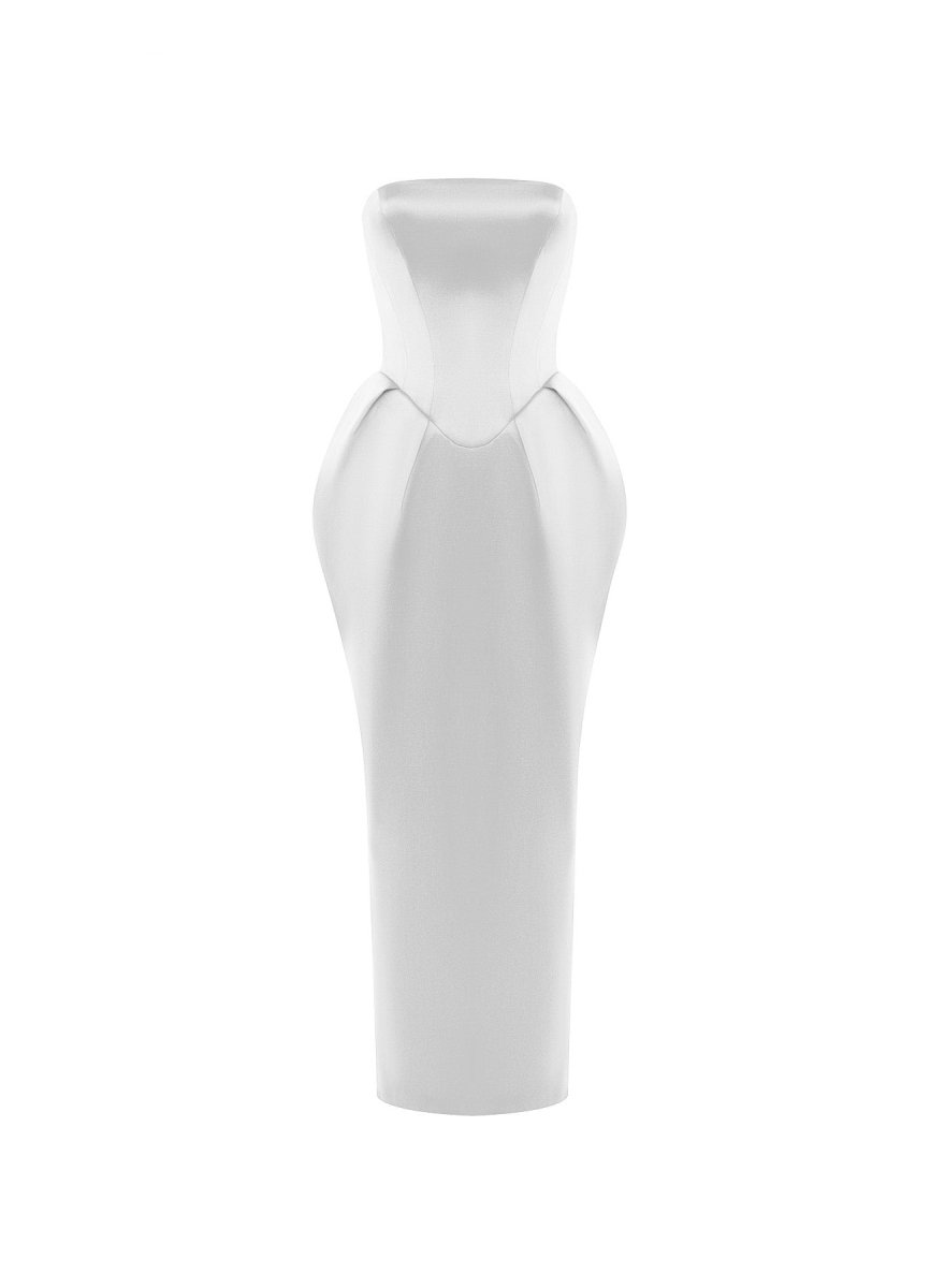 Rasario Satin Long Midi Dress With Voluminous Skirt