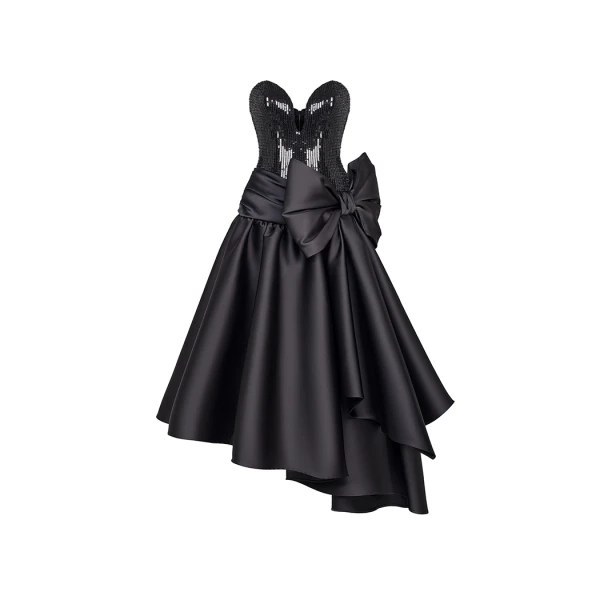 Rasario Sequined Corset Long Midi Dress With Asymmetric Skirt