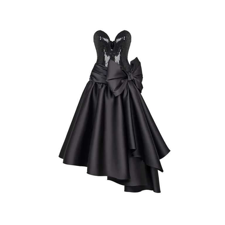 Rasario Sequined Corset Long Midi Dress With Asymmetric Skirt