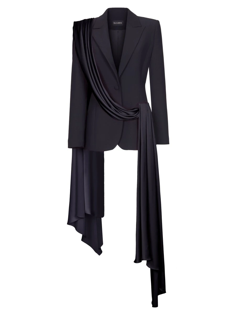 Rasario-Single-Breasted-Draped-Crepe-And-Satin-Blazer-With-Train Rasario Single-Breasted Draped Crepe And Satin Blazer With Train