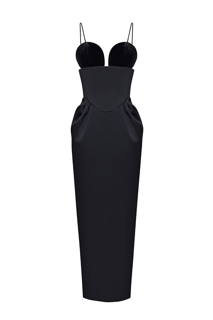 Rasario Velvet And Satin Corset Long Midi Dress
