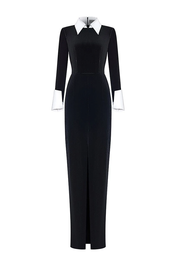 Rasario-Velvet-And-Satin-Maxi-Dress-With-A-Slit Rasario Velvet And Satin Maxi Dress With A Slit