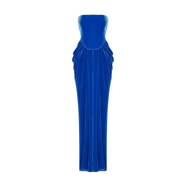 Rasario Velvet Corset Maxi Dress With A Draped Skirt