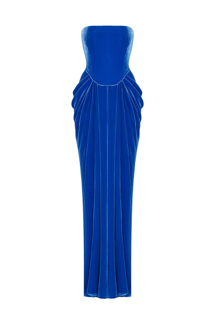 Rasario Velvet Corset Maxi Dress With A Draped Skirt