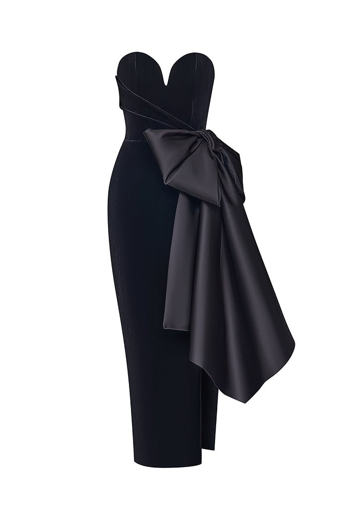 Rasario Velvet Corset Midi Dress With Bows