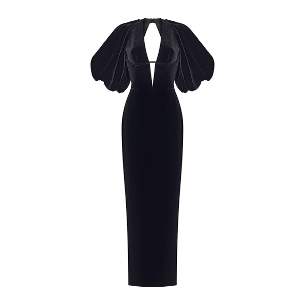 Rasario Velvet Long Midi Dress With Voluminous Sleeves And A Cutout