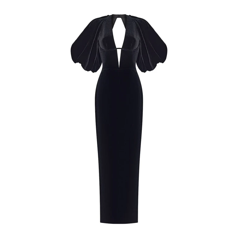 Rasario Velvet Long Midi Dress With Voluminous Sleeves And A Cutout