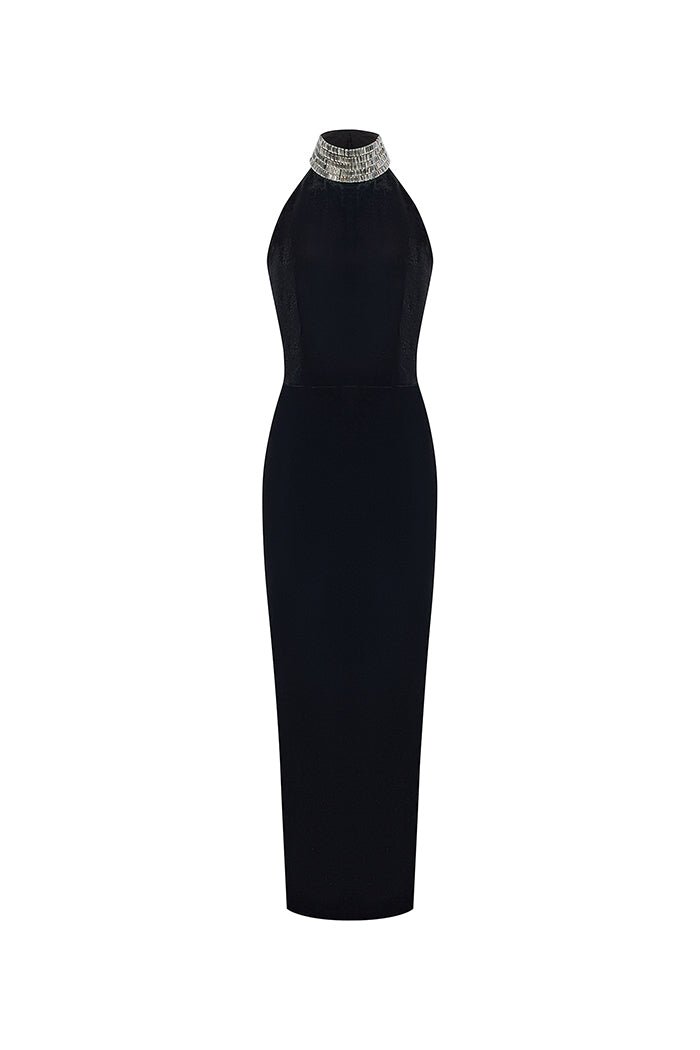 Rasario Velvet Maxi Dress With A Crystal Embellished Neck