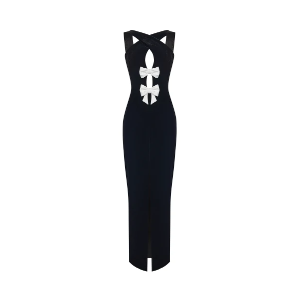 Rasario Velvet Maxi Dress With Bows And Cutouts