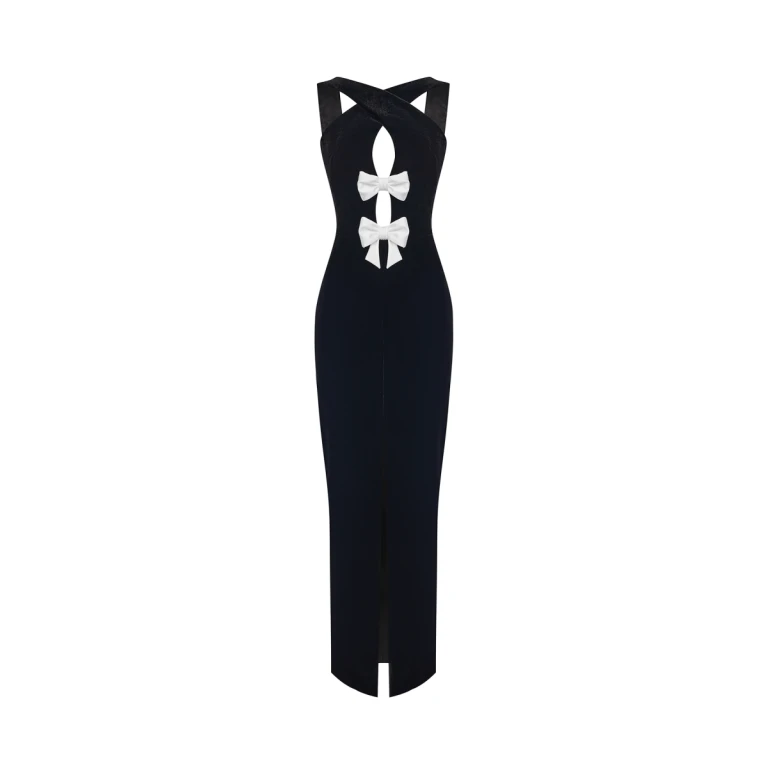 Rasario Velvet Maxi Dress With Bows And Cutouts