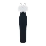 Rasario-Velvet-Maxi-Feather-Trimmed-Dress-With-A-Side-Slit Rasario Velvet Maxi Feather-Trimmed Dress With A Side Slit