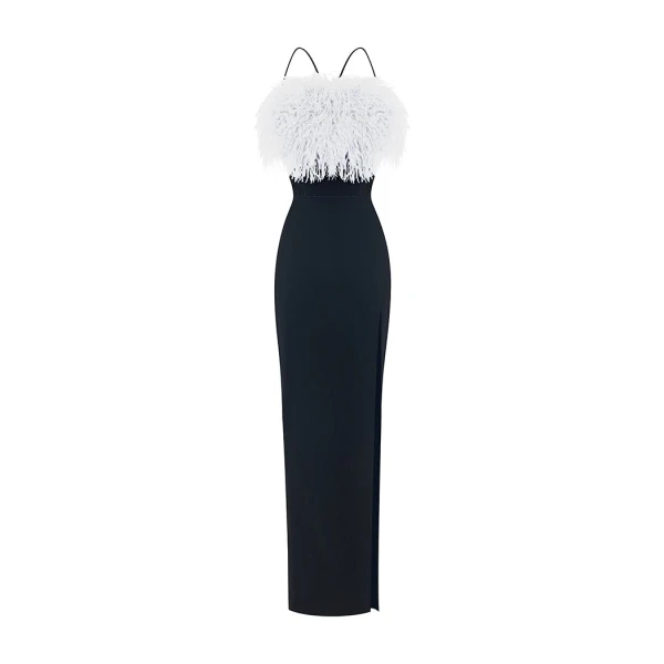 Rasario Velvet Maxi Feather-Trimmed Dress With A Side Slit