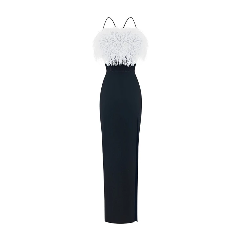 Rasario Velvet Maxi Feather-Trimmed Dress With A Side Slit