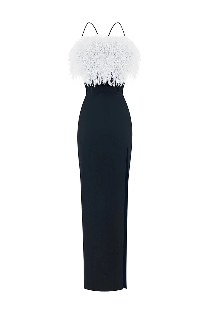 Rasario-Velvet-Maxi-Feather-Trimmed-Dress-With-A-Side-Slit Rasario Velvet Maxi Feather-Trimmed Dress With A Side Slit