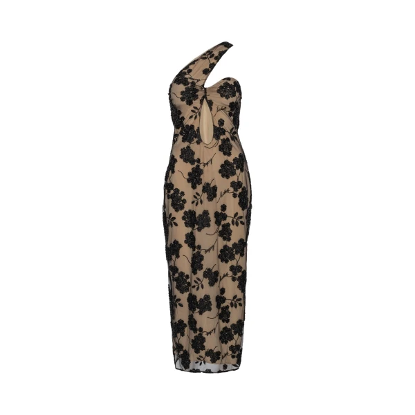 Flower Beads Midi Dress Black