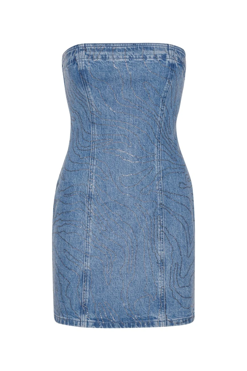 Rotate-Birger-Christensen-Rhinestone-Denim-Dress-Light-Blue44894_nobg Rhinestone Denim Dress Light Blue - Image 1