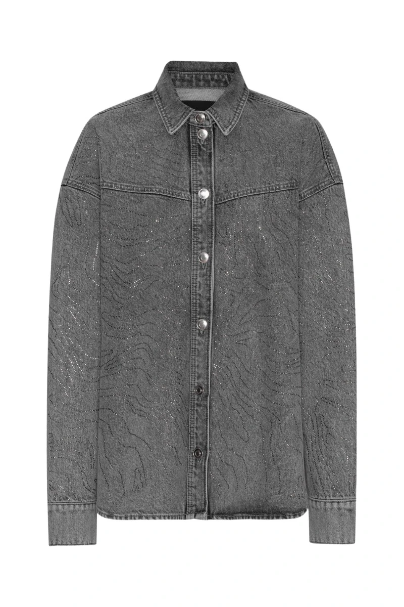 Rotate-Birger-Christensen-Rhinestone-Denim-Shirt-Grey40224_nobg Rhinestone Denim Shirt Grey - Image 1