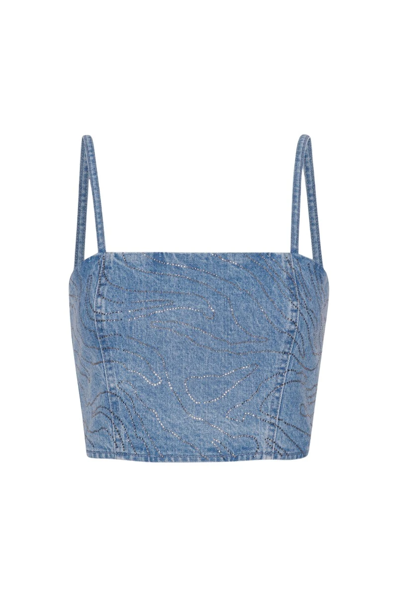 Rotate-Birger-Christensen-Rhinestone-Denim-Top-Light-Blue97475_nobg Rhinestone Denim Top Light Blue - Image 1