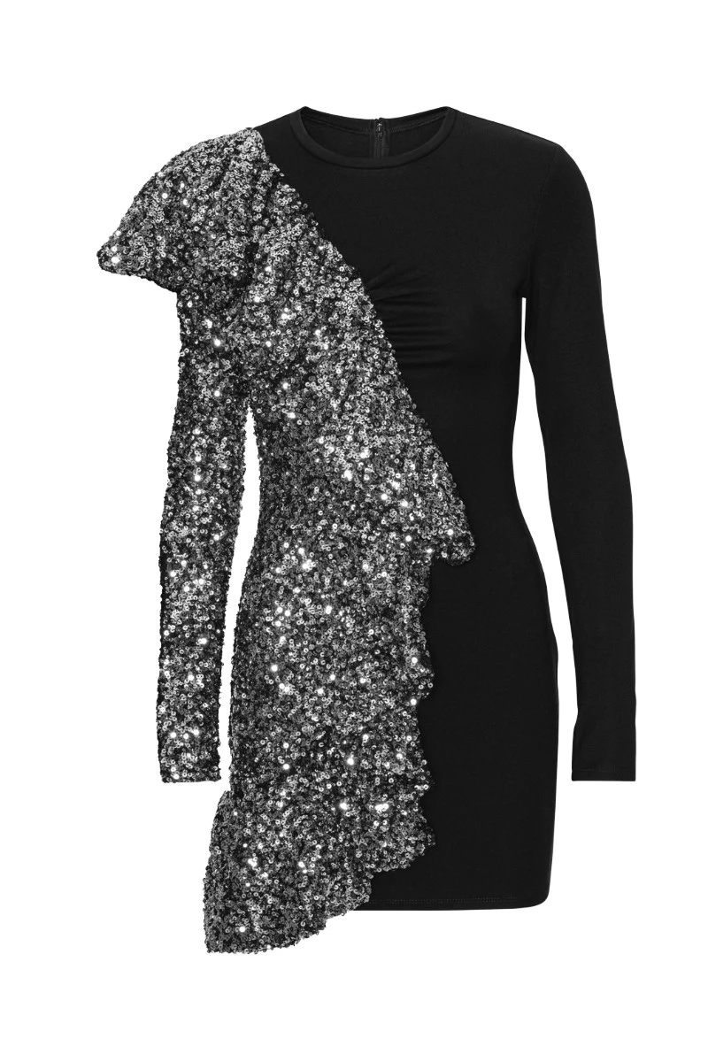 Rotate-Birger-Christensen-Sequin-Ruffle-Ls-Dress-Black70107_nobg Sequin Ruffle Ls Dress Black - Image 1