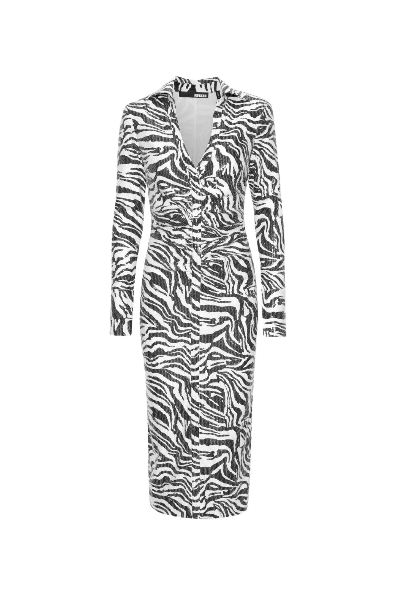 Rotate-Birger-Christensen-Sequins-Midi-Shirt-Dress-Zebra-Print95328_nobg Sequins Midi Shirt Dress Zebra Print - Image 1