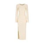 Beau Gathered Long Sleeve Midi Dress - Macadamia